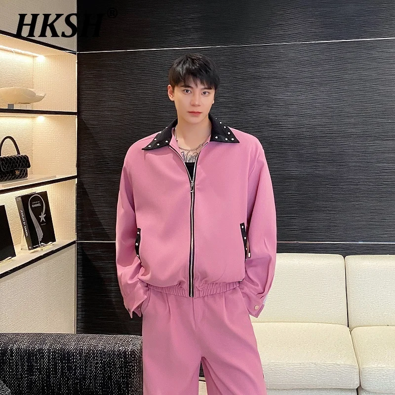 HKSH Spring Autumn Korean Color Contrast Spliced Rivet Loose Short Jacket Coat Wide Leg Pants Two Piece Set For Men Tide HK0350