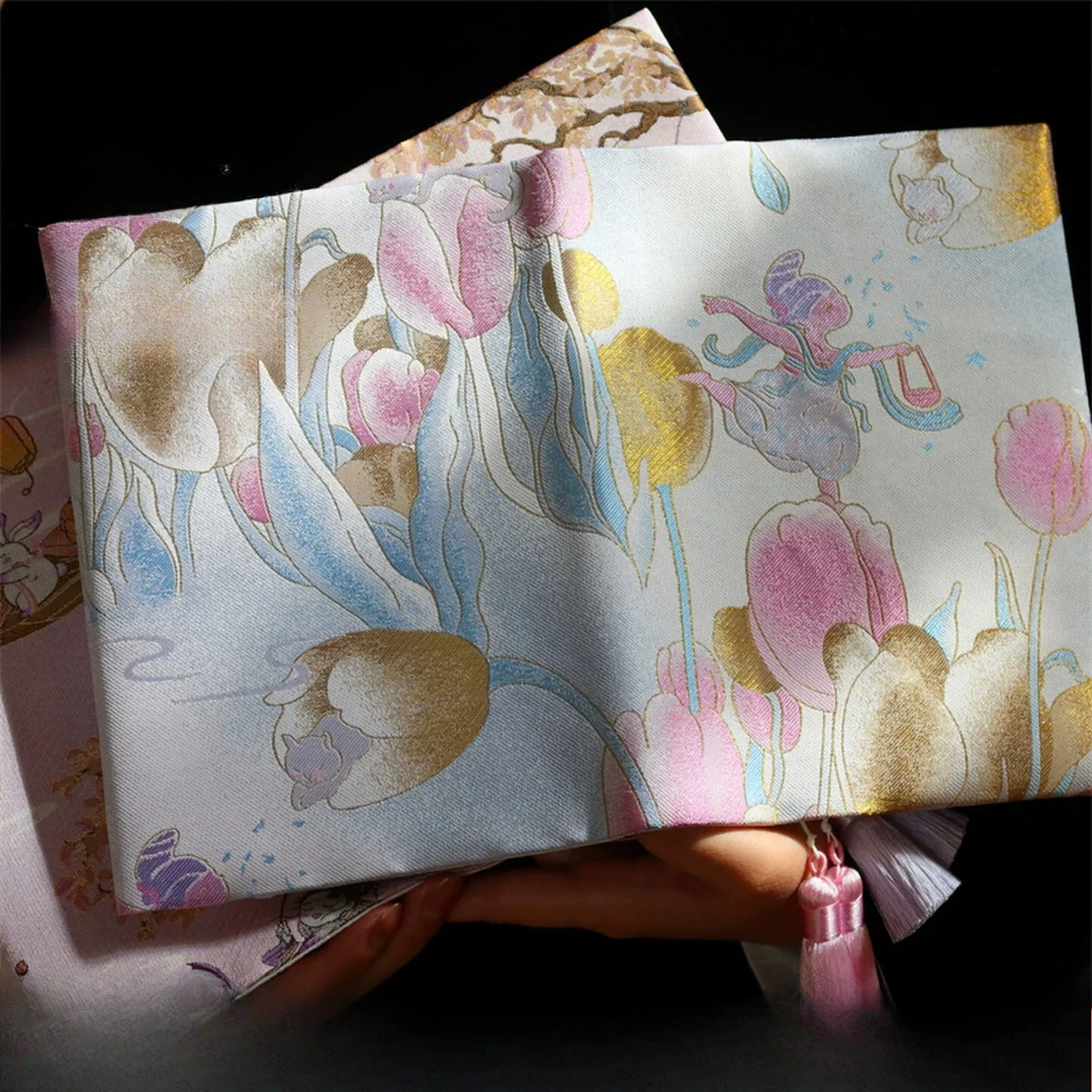 Flower Fairy Pattern Song Brocade Cover, Pure Mulberry Silk Handmade Fabric Book Cover, Chinese Tabletop Collectible Home Gift