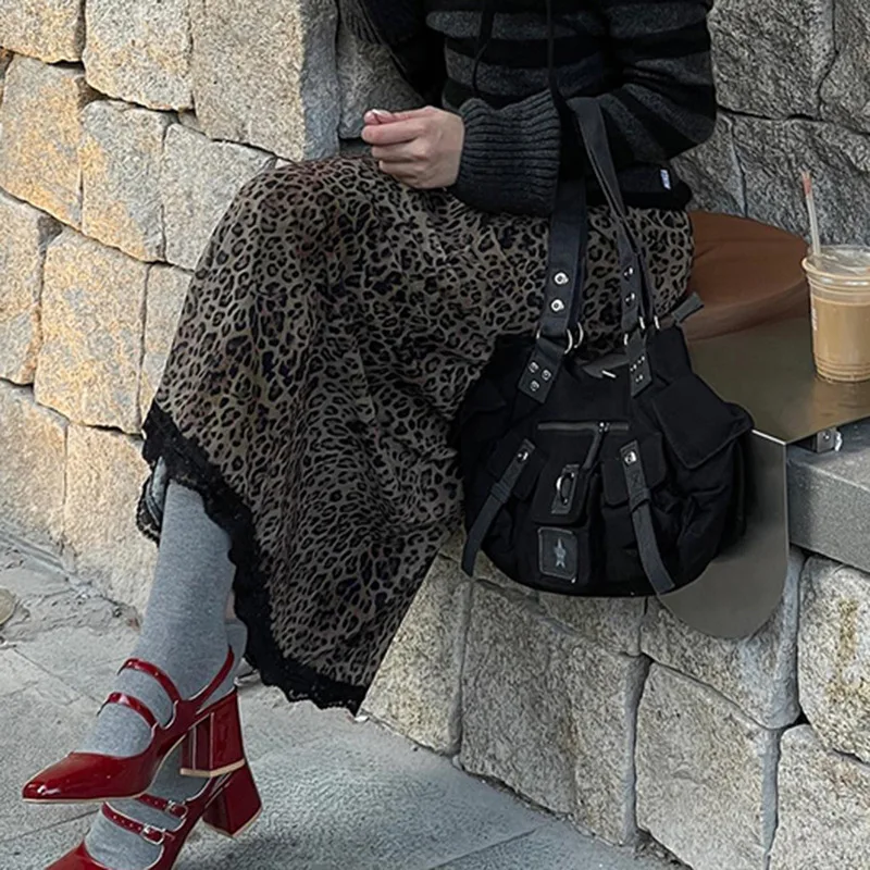 Spring and Autumn American Retro Leopard Print Patchwork Lace High Waist Slim Fit Mid Length Skirt for Women