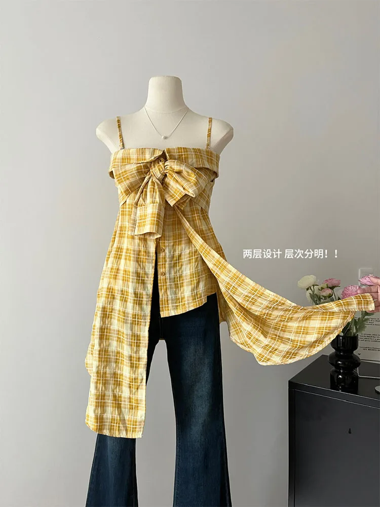 Japanese Simple Yellow Camisole Asymmetrical Vintage Summer Basic Plaid Vest Fashion Bohemian Off Shoulder Bow Tank Top Casual