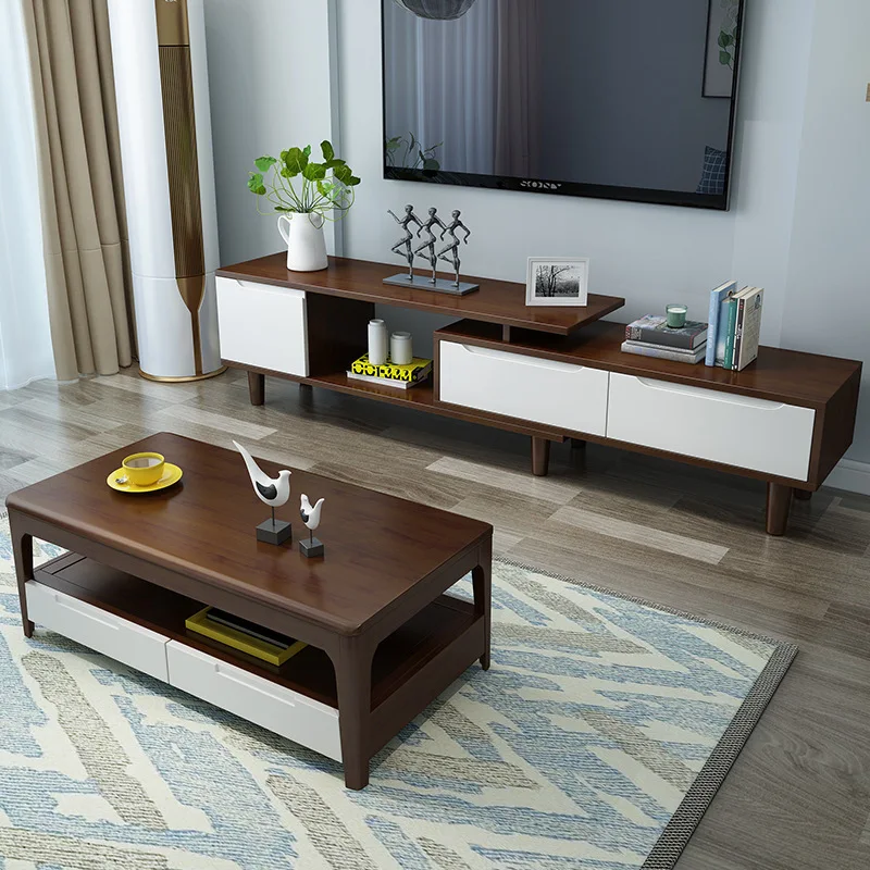 Nordic solid wood with drawers TV cabinet modern simple small apartment telescopic coffee table combination living room