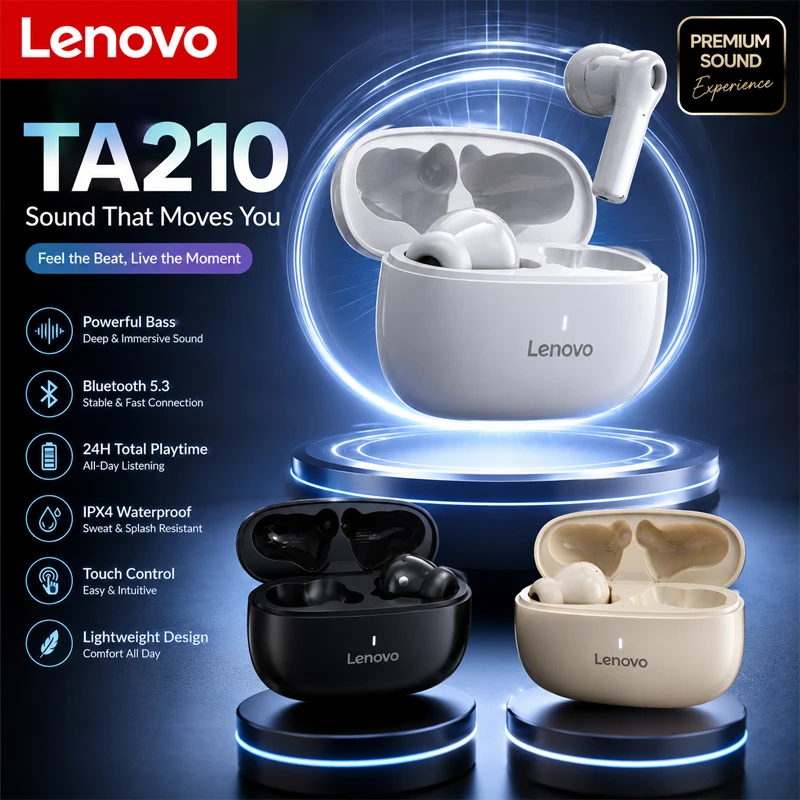 

Lenovo TA210 Bluetooth Wireless Headphones Built In Microphone Charging Port Noise Isolating Comfortable Over Ear Headset C New