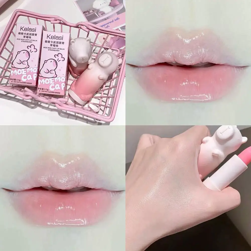 Cute Capybara Lip Balm Sweet Orange, Strawberry & Peach Flavor, Hydrating Exfoliating Moisturizing Lip Care for Dry Cracked Lips