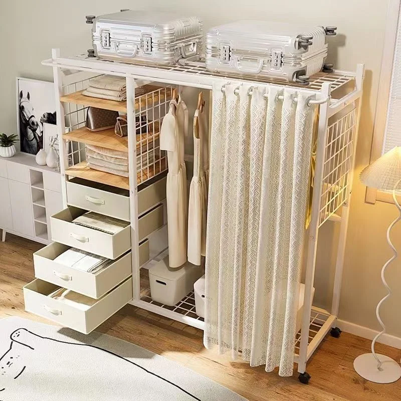 Modern Multi-Functional Open Storage Metal Wardrobe MDF Floor-standing Wardrobe Dustproof Hanging Clothes Simple Living Room