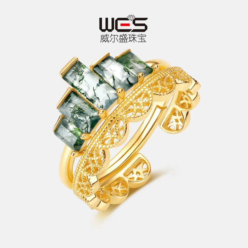 Natural Agate Ring 18K Gold Inlaid with Colored Baby Stones PT950 Platinum Green Moss Stone Combination Ring