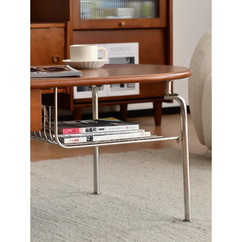 Coffee table small apartment living room solid wood minimalist Nordic ins stainless steel retro design Japanese long oval tea ta