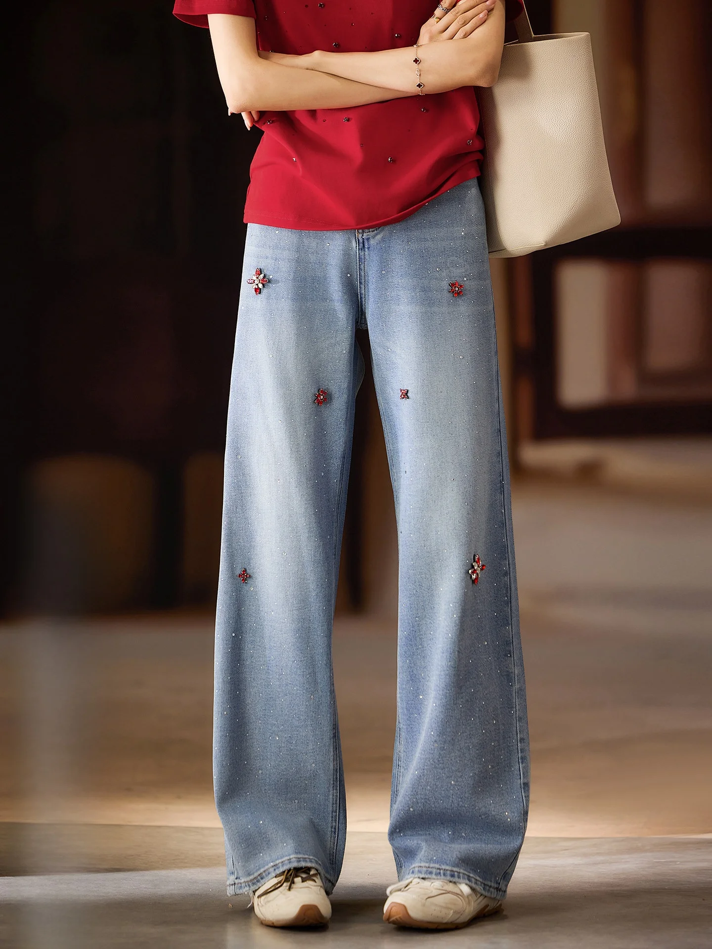 

Trendy Street Sle High Waist Straight Leg Jeans Women's Loose Fit Diamond Embellied Casual Cotton Pants Spring New Arrival