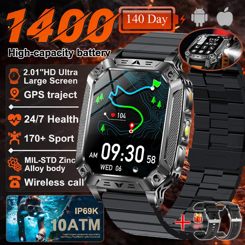 2026 Nieuwe 1400mAh Batterij Smart Watch GPS-pad Bluetooth Oproep 10ATM Waterdicht Zwemmen Sport Hardlopen Wandelen Buiten Militaire Smartwatch
