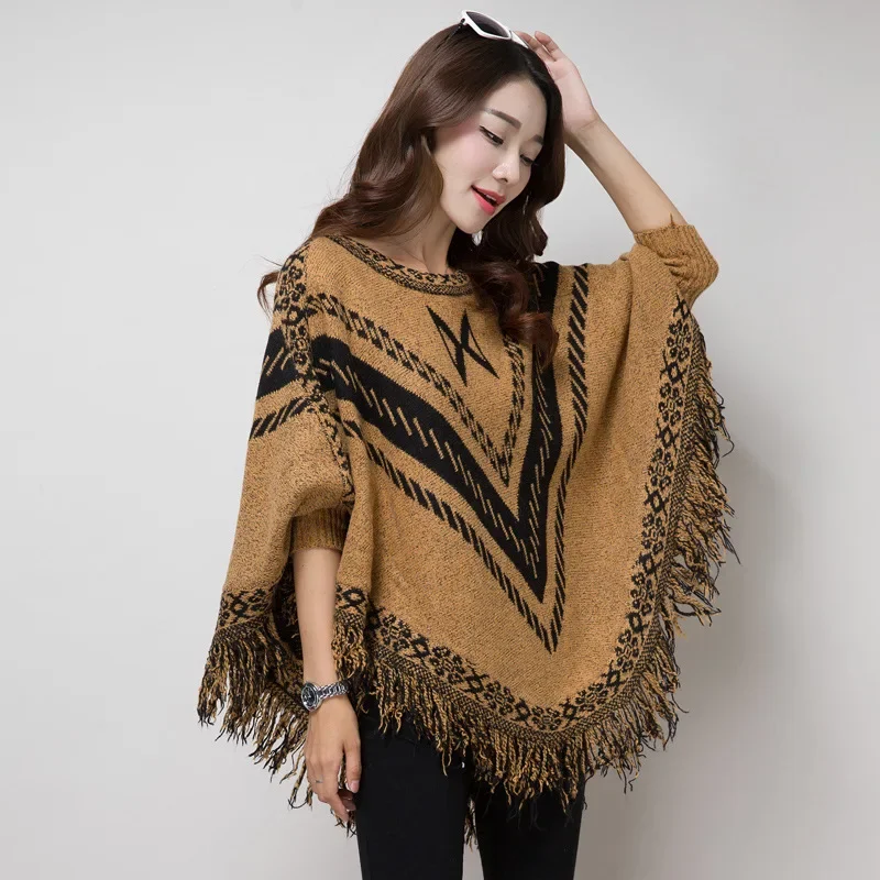 Autumn Winter New Korean Pullover Cloak Sweater Women Shawl Tassel Cloak Warm Windproof Poncho Lady Capes Knitting White Cloaks