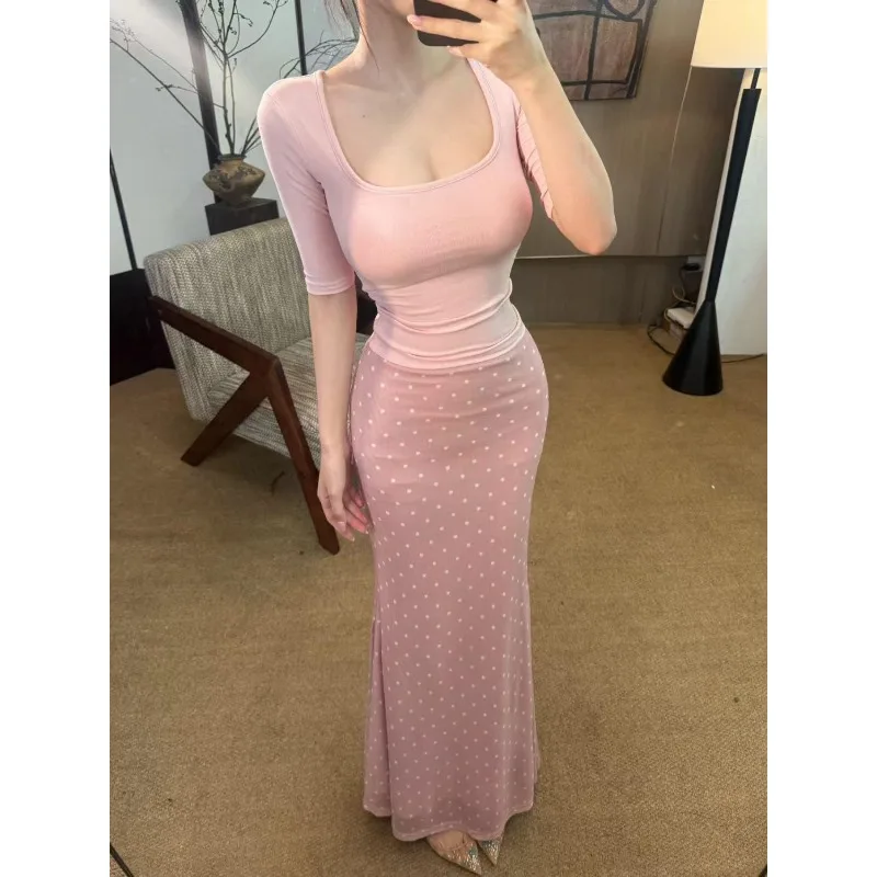 Huge Good-looking Pure Desire Wind Mist Powder Polka Dot Waist Short-sleeved T-shirt, Thin Hip Skirt Set