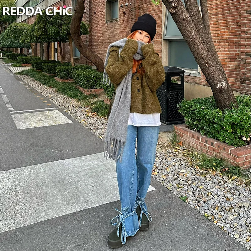 

REDDACHiC Tall Girl Ribbon Straight Jeans Loose Fit Casual Solid High Waist Trousers Split Wide Pants Korean Women Streetwear