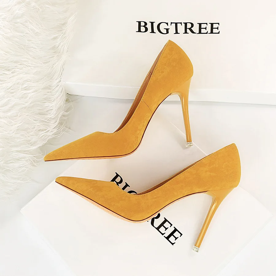 Fashion Simple Super Women High Heel Shallow Mouth Sandals Suede Ladies Shoes Pointed Head Sexy Nightclub Slim Women's Singles