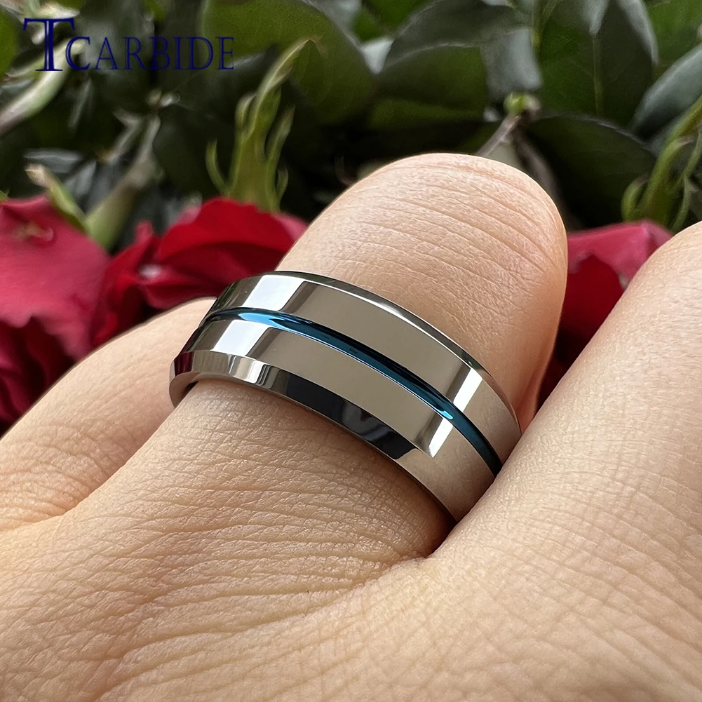 TCabide 8MM Two Tone Blue Groove Tungsten Carbide Ring Men Women Nice Wedding Band Beveled Polished Brushed Finish Comfort Fit