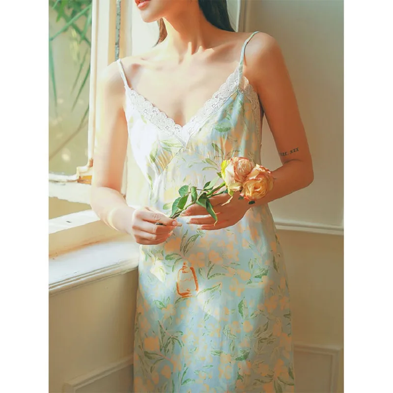 Summer Sexy V-neck Floral Viscose Nightgowns For Women  Sleeveless Soft Lace Comfortable Sleepwear Loose Elegant Dress