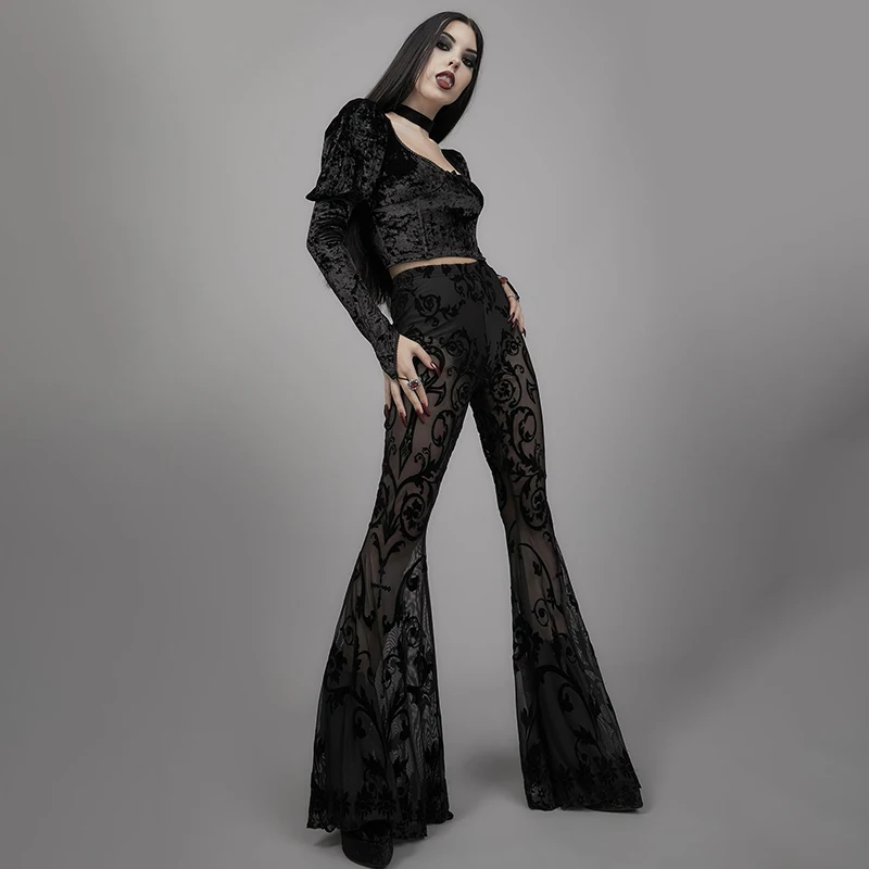 Women\'s Elegant Design Trousers 2024 Skinny Sheer Cross Totem Flocked Mesh Flared Pants