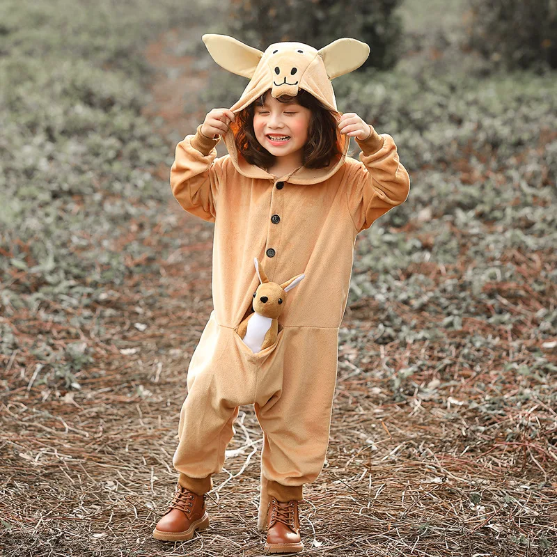 Children Boys Girls Animals Kangaroo Hooded Jumpsuit Doll Set Kids Halloween Role Play Dress Up Cosplay Costume