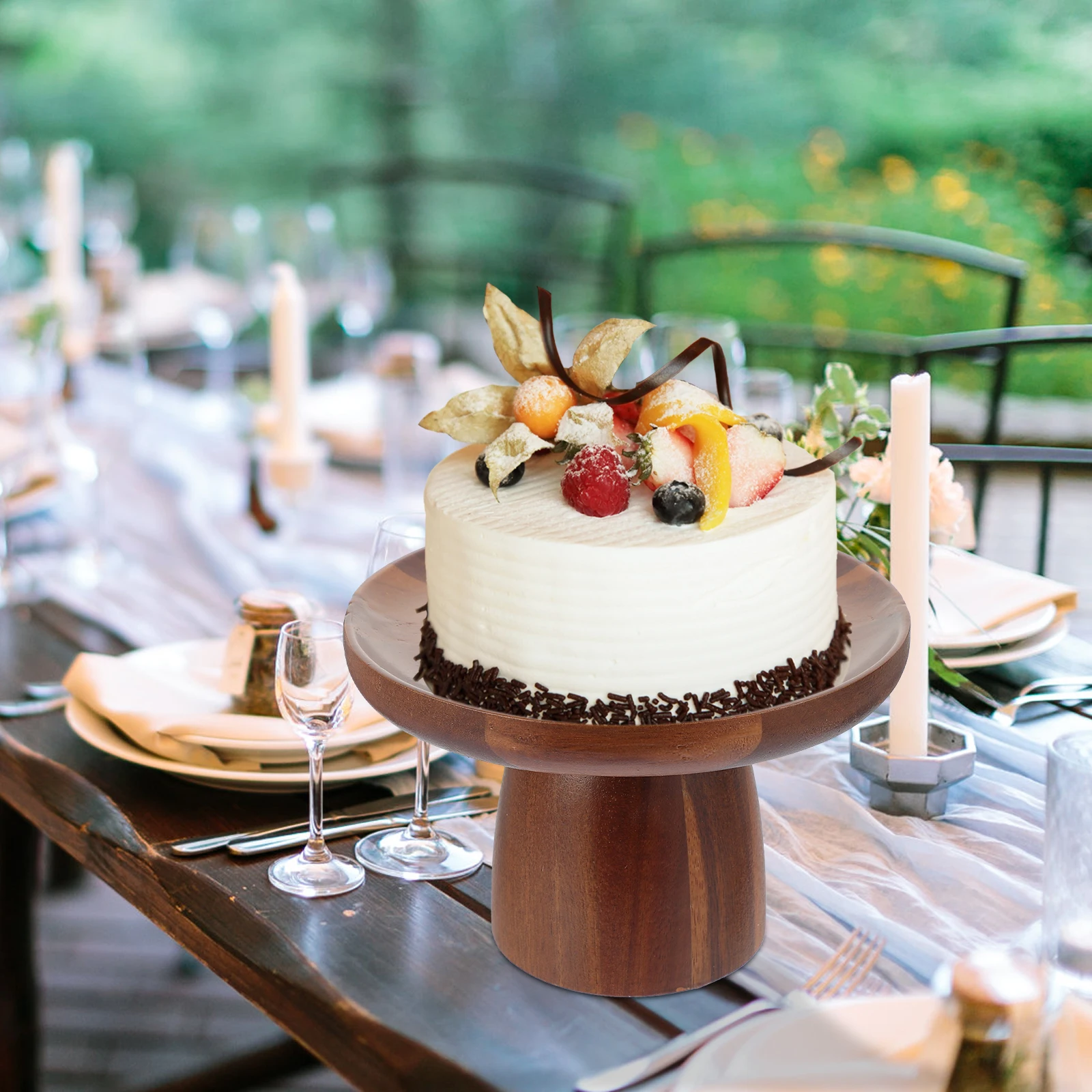 

Wooden Cake Round Decorative Tray for Dessert Display Home Party Wedding Fruit Vintage Acacia Wood Cake Tray