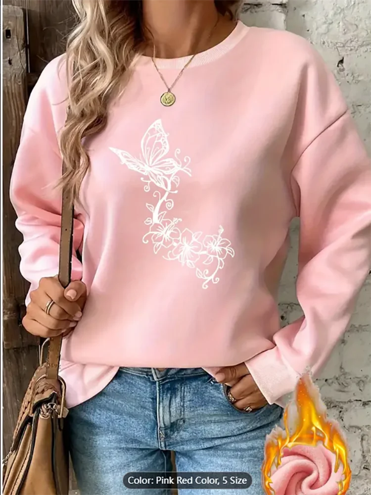 

Womens Floral Print Fleece Lined Thickened Pullover Sweatshirt Grey Round Neck Long Sleeve Machine Washable Versatile Top