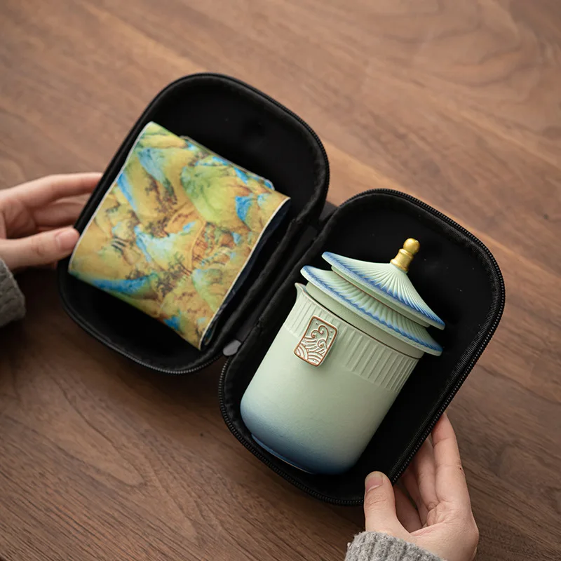 portable tea set for travel with bag ceramic tea pot matching cup lid filter cup gradient color creative palace style