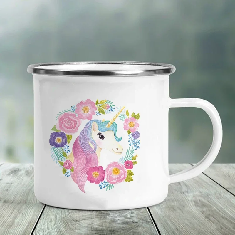 Panda Bear Unicorn Animals Print Creative Enamel Mug Coffee Tea Drinks Dessert Milk Cup Kawaii Mugs Handle Drinkware Kids Gifts