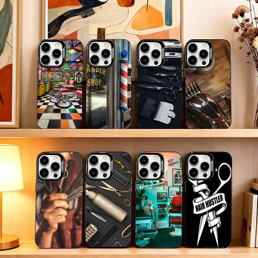

Barber Shop Hair Stylist Salon Phone Case For iPhone 17,16,15,14,13,12,11 Plus,Pro Max,XS,Colored Silver Plated Inside Cover
