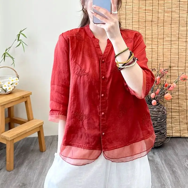 

Literary Cotton and Linen Tops New Thin Shirt for Women Heavy Industry Embroidered Chiffon Hem Splicing Shirt
