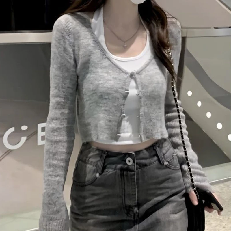 

Gray Cardigans Women Autumn Hotsweet Knitted Crop Jacket Female Simple Trendy Sweater Casual Streetwear Ulzzang Chic Designer