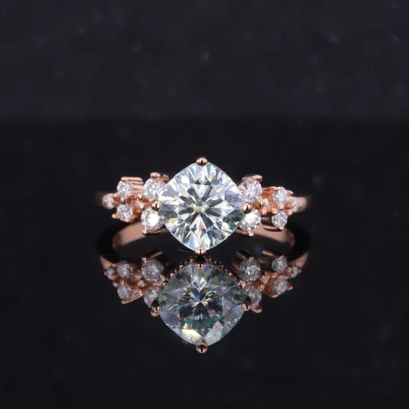 Starsgem 14k Rose Gold 1ct 6.5x6.5mm Blue Moissanite With Side Stone Fine Jewelry Moissanite Ring