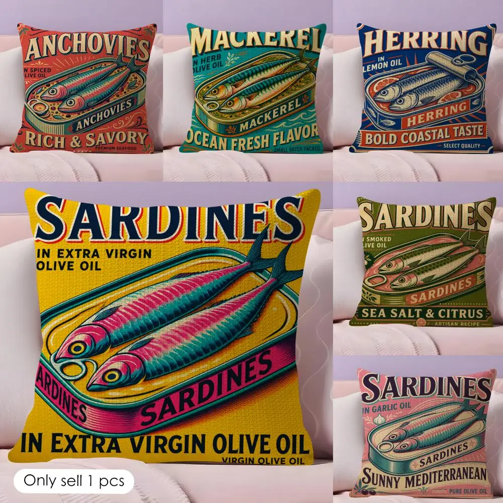 Sardines in Olive Oil Cushion Cover Natural Linen Double Sided Print  Throw Pillow Case for Sofa Couch Home Decor