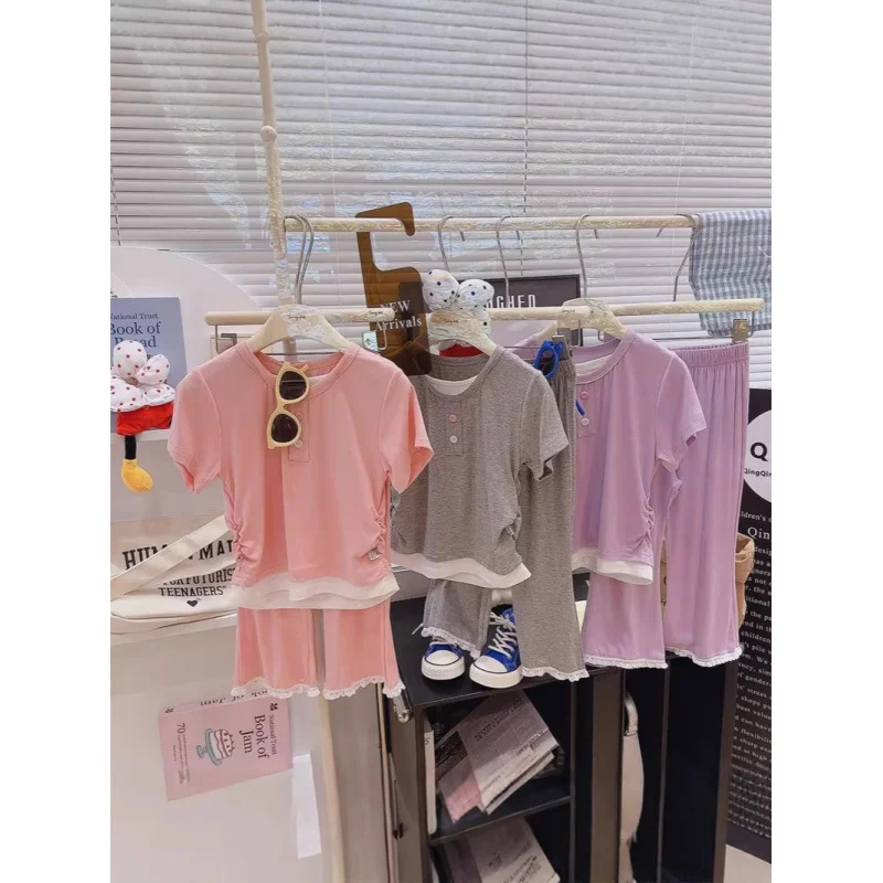 

Children's Summer Modal Set for Girls: Round Neck Short Sleeve Top Two-Piece Set with Casual Wide-Leg Pants