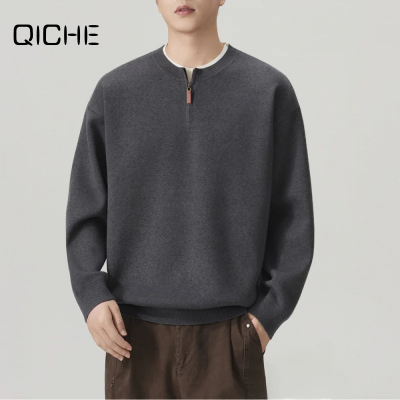 QICHE Autumn Winter Men Luxury Inner Knitwear American Vintage Fake Two Piece Heavyweight High End Old Money Base Sweater