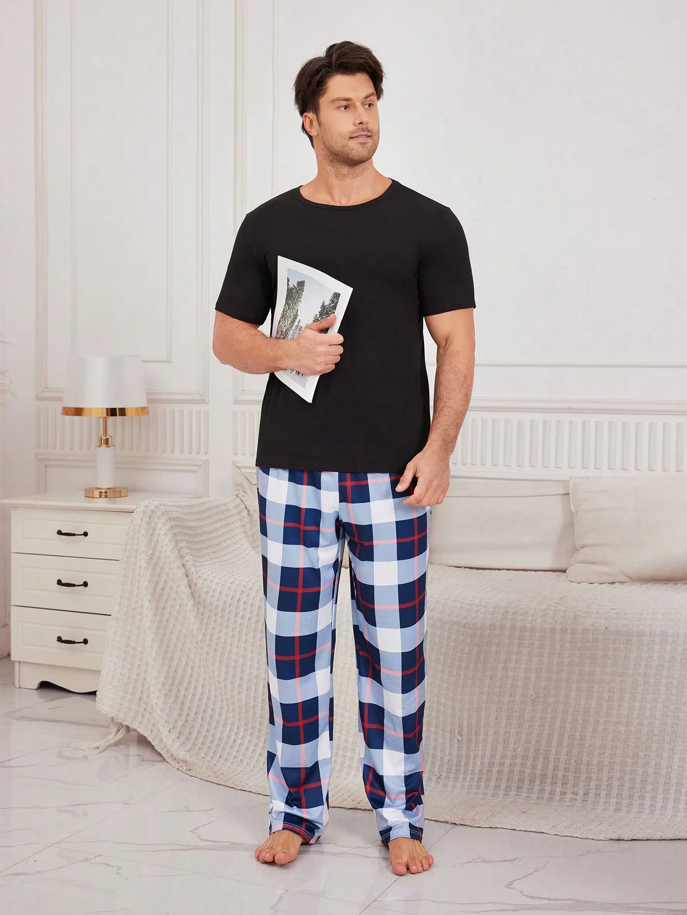 Men's Large Size Autumn and Winter Men's Pajamas Short Sleeves Long Pants Plaid Printing Casual Loose Straight Loungewear