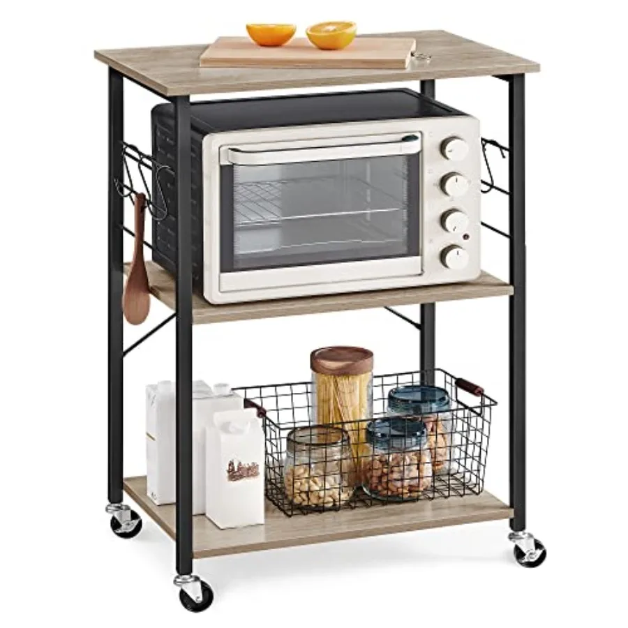 

Kitchen on Wheels, 23.6 Inch Serving Cart with 3 Shelves, Kitchen Cart, Microwave, for Mini Oven, Toaster, with 6 Hooks, Indust