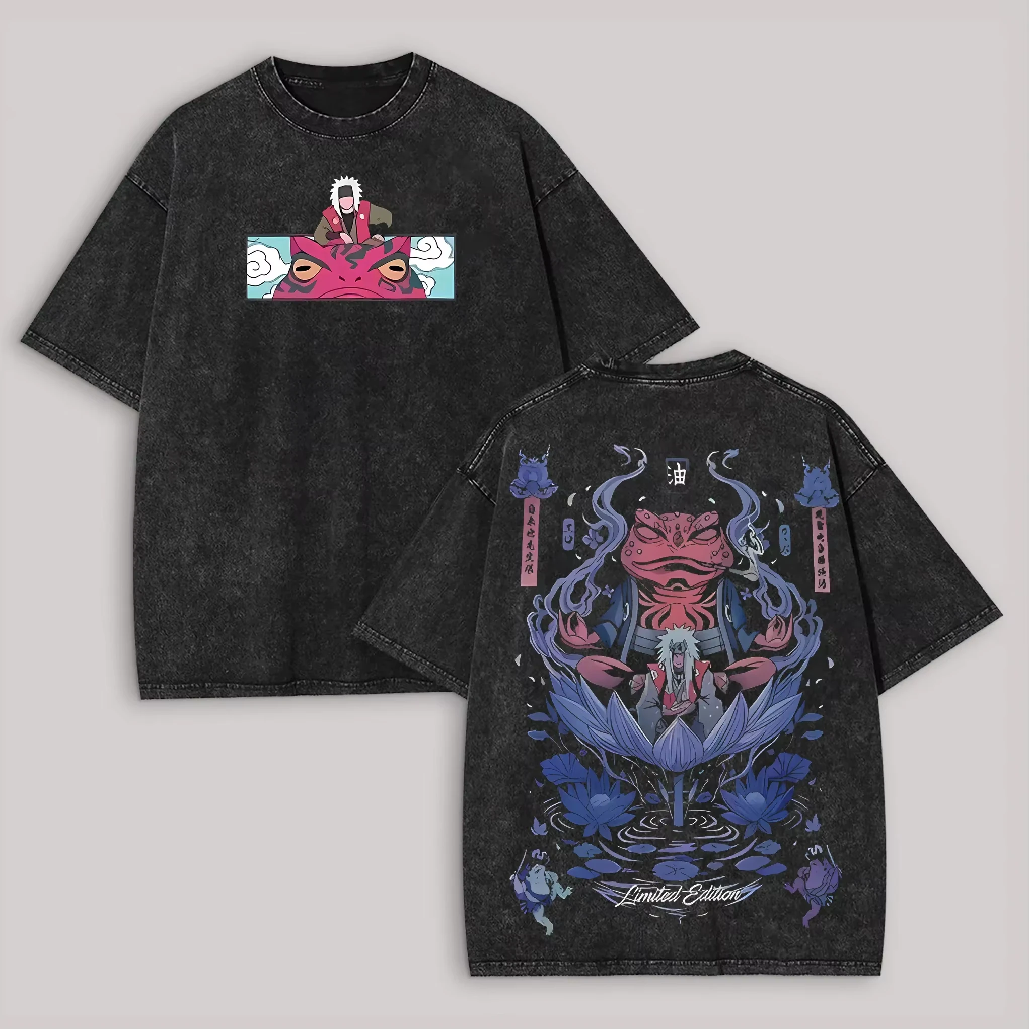 Jiraiya T Shirt Naruto Men Acid Wash Back Print Toad Sage Anime Graphic 100% Cotton Streetwear Manga Gamabunta Vintage Tee