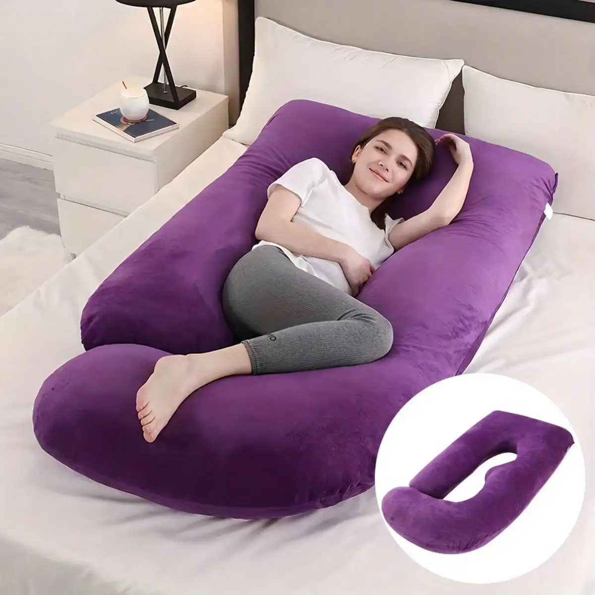 G‑Shaped Maternity Pillow, Full‑Body Support Pregnancy Pillow with Removable Velvet Cover, Soft Nylon & Cotton for Tummy, Knee, Head and Neck Comfort