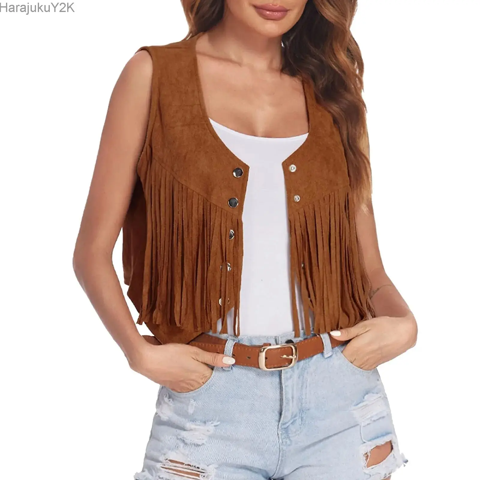 

Punk Y2k Streetwear Women Suede Vest Hippie Tassels Jacket Vintage Western Country Cowgirl Fringed Vest Cardigan Waistcoat Tops