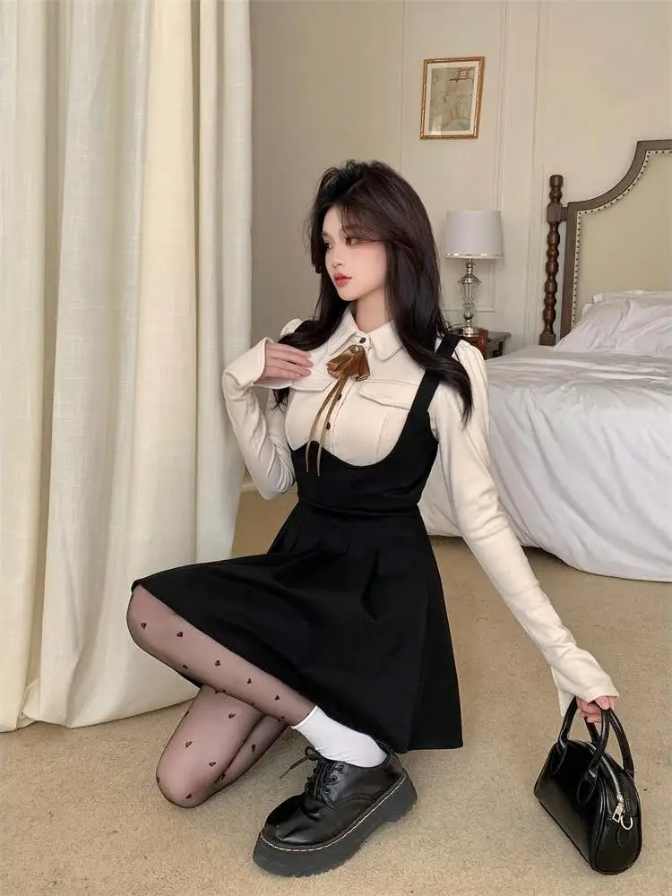 Autunno New Sle College Campus Dr Set da donna plus Size Fat MM Long Sve Netie irt + Salopette Gonna Faionable Ensemble