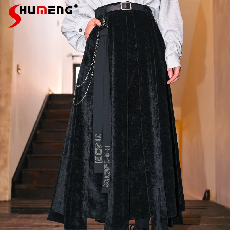 

New Chinese Style Unique Design Sensedark Black Half Skirt For Ladies Autumn Winter Slimming Patchwork Long Skirts Women Clothes