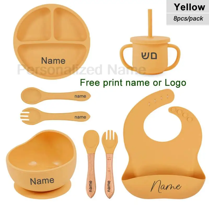 6Pcs Silikon Geschirr Für Kinder Baby Fütterung Sets Sauger Schüssel Esszimmer Platte Löffel Gabel Bib Tasse Personalisierte Name kinder geschenk – Detail 16