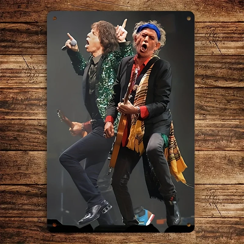 Vintage Band Metal Tin Sign Poster  - Iconic Mick Jagger & Guitarist Performance Art Wall Decor - Durable Retro Plaque