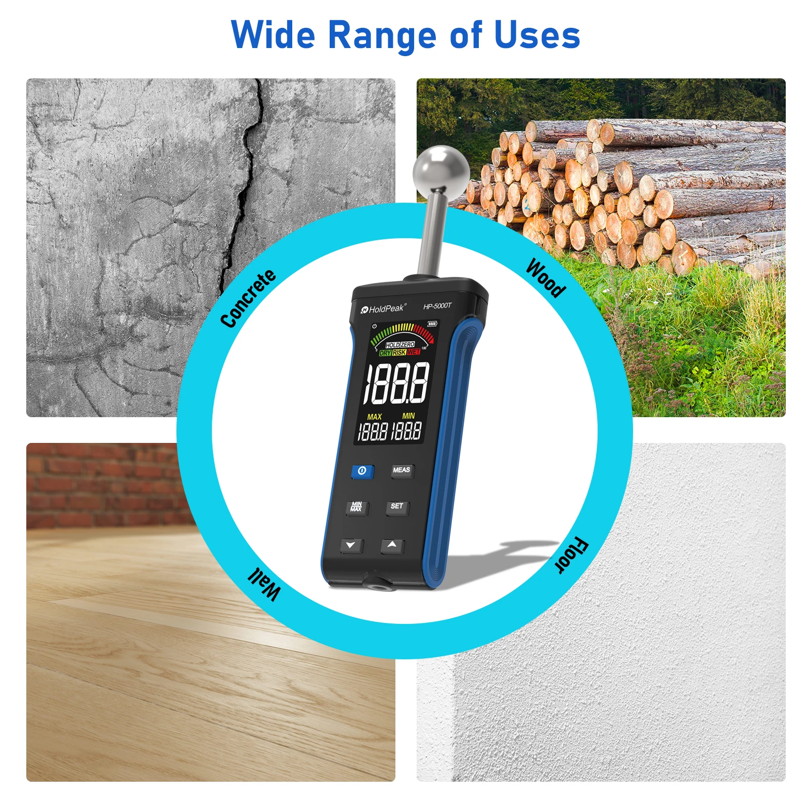 Imagem -06 - Holdpeak Digital Medidor de Umidade de Madeira sem Contato Timber Damp Detector Higrômetro de Tela Lcd Testador de Umidade de Alarme Pinless Detectar