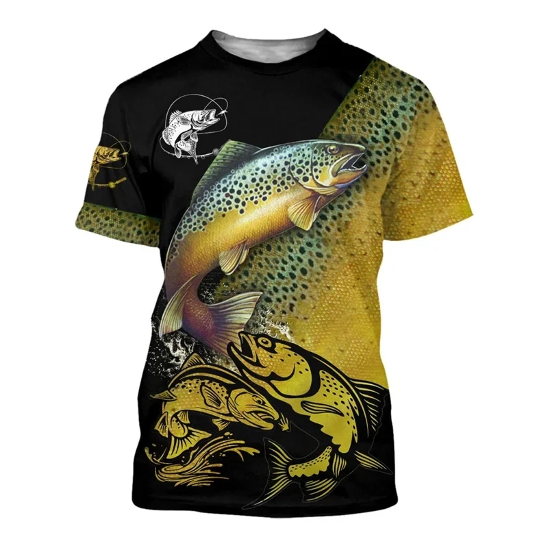New Trout Fishing Pattern Men's T-shirt Casual Summer Harajuku Fashion Short sleeved Round Neck Loose Plus Size Top