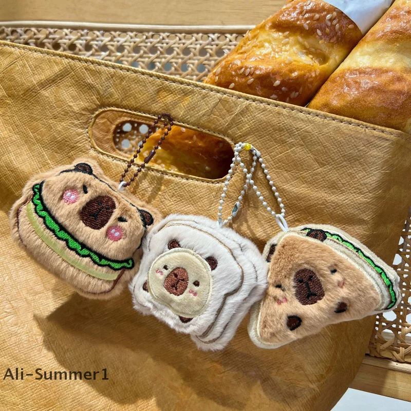 【E】Burger Capibara Plush Pendant Sandwich Capybara Stuffed Doll Keychain Car Key Ring Backpack Bag Decor Kid Gift