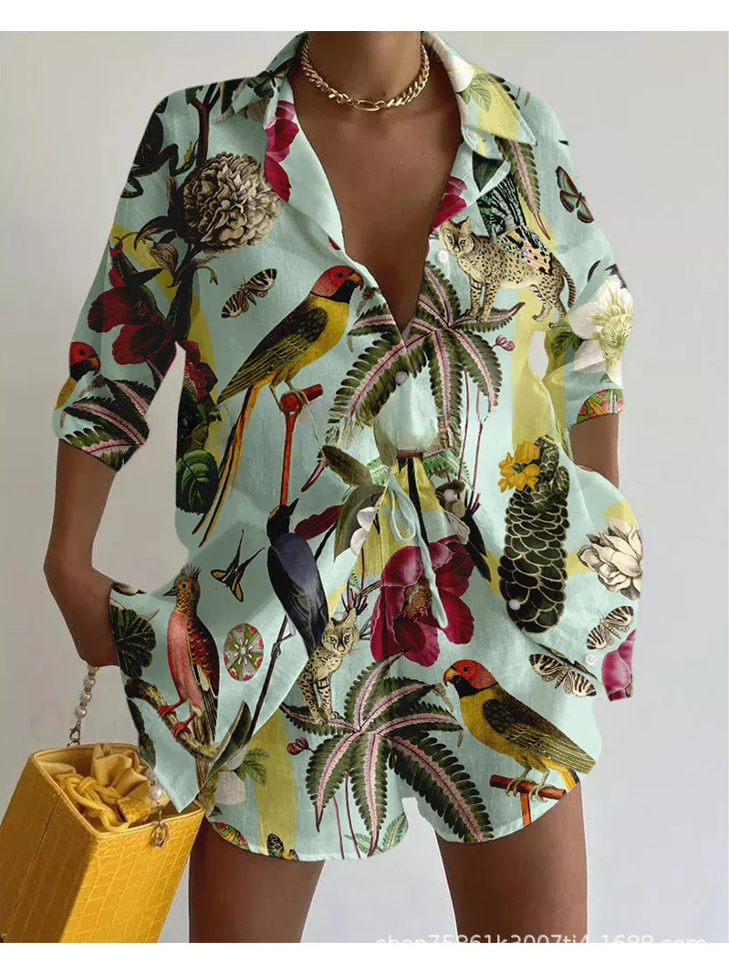 Short-sleeved Lapel Boho Shirt Top + Shorts 2-piece Set Women Fashion Spring Summer Floral Print Seaside Vacation Suit Female