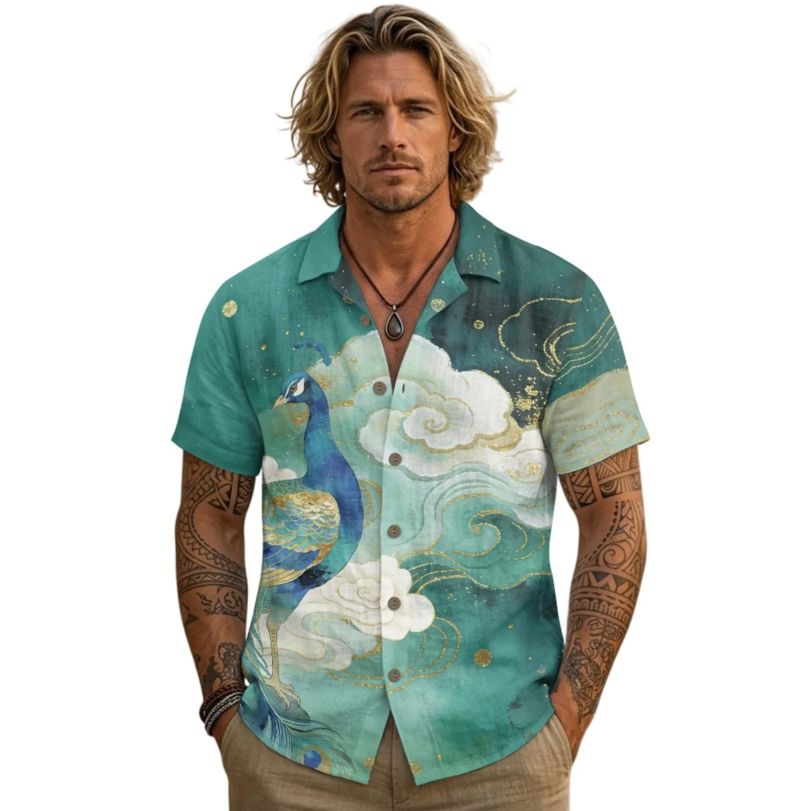 PENSTROLL Azure Peacock Linen Style Short Sleeve Lapel Shirts for Beach Casual Men's Top Beach Hawaiian Shirt