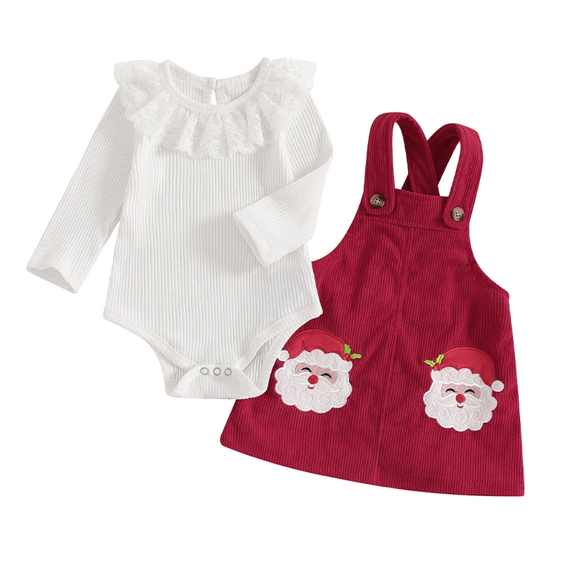 Baby Girl Christmas Outfit Lace Trim Long Sleeve Ribbed Romper Santa Claus Embroidery Suspender Skirt 2 Piece Set