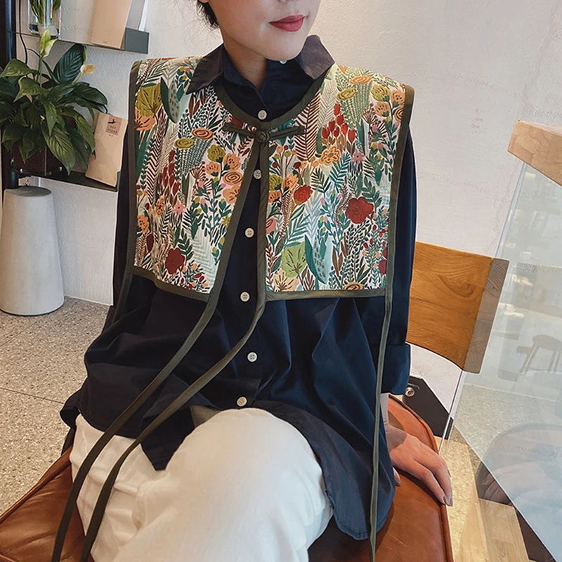 Women Embroidered Shoulder Scarf Shawl Wrap Floral Shirt Fake Collar Decorative