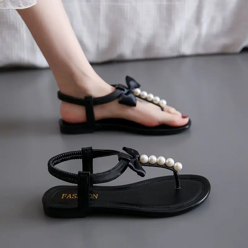 Footwear Beige Summer 2024 No Heel Diamond Women\'s Shoes Flat Rubber Sandals for Woman Flip-flops Bow Rhinestones Asian Size H F