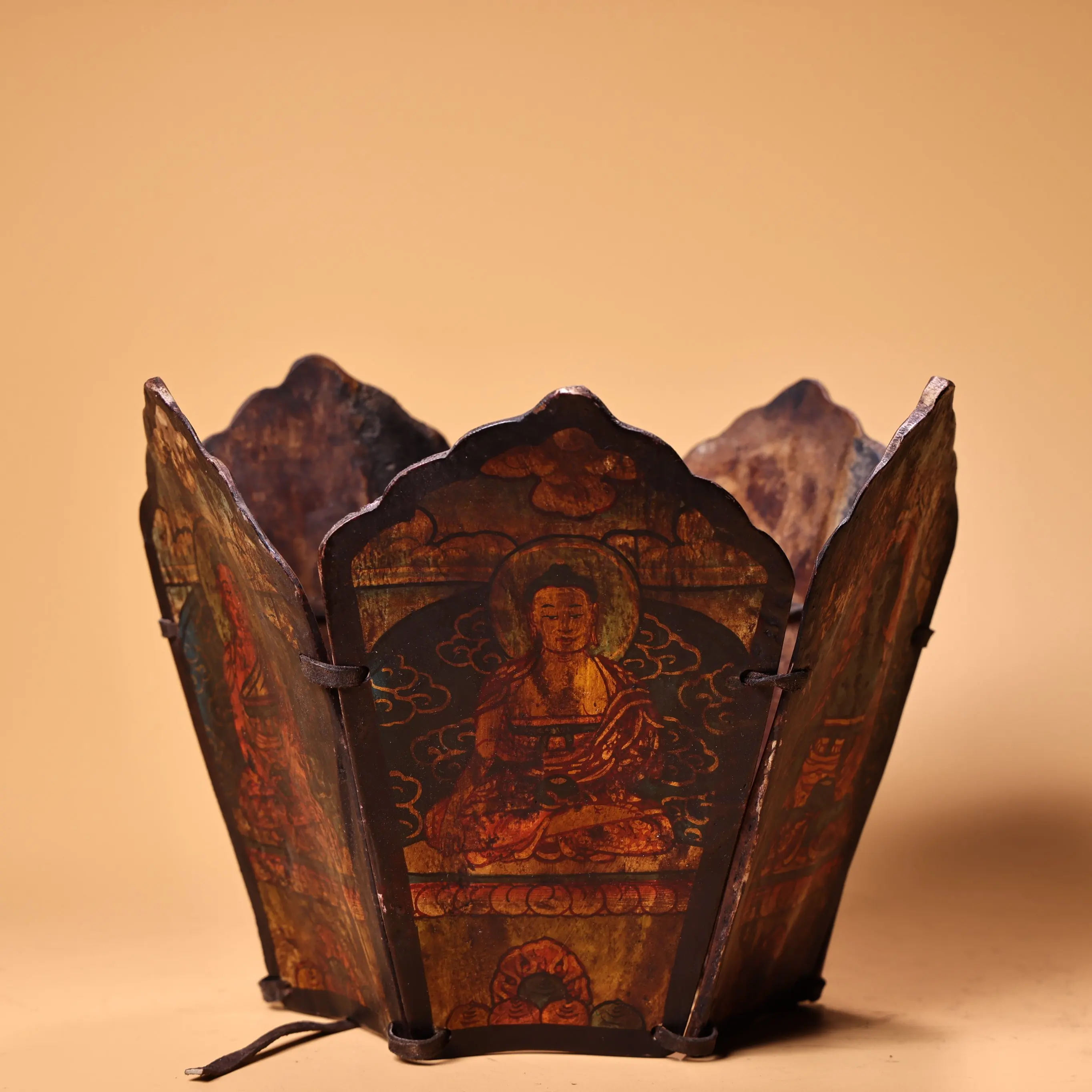 Tibetan Temple Collection Old Yak Bone Painted Five Shakyamuni Buddha Amulet Dharam Buddha Crown Hat Worship Hall Town house