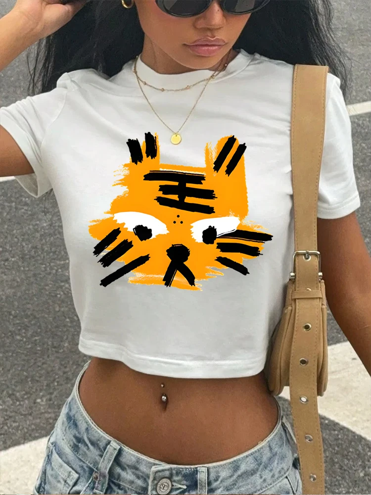 Fun Meme Tiger Graphic Crop Top Women's Grunge Animal Vintage Summer Sleeved Harajuku Streetwear Tops 100% Cotton T-Shirt